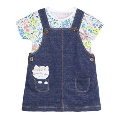 bluezoo Baby girls' blue chambray dungarees and white floral bodysuit set